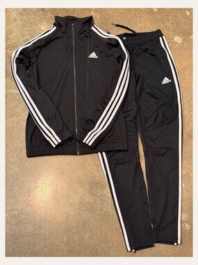 Adidas Black 3-Stripe Track Suit Set Jacket M Pants S ClimaCool Zip Pockets